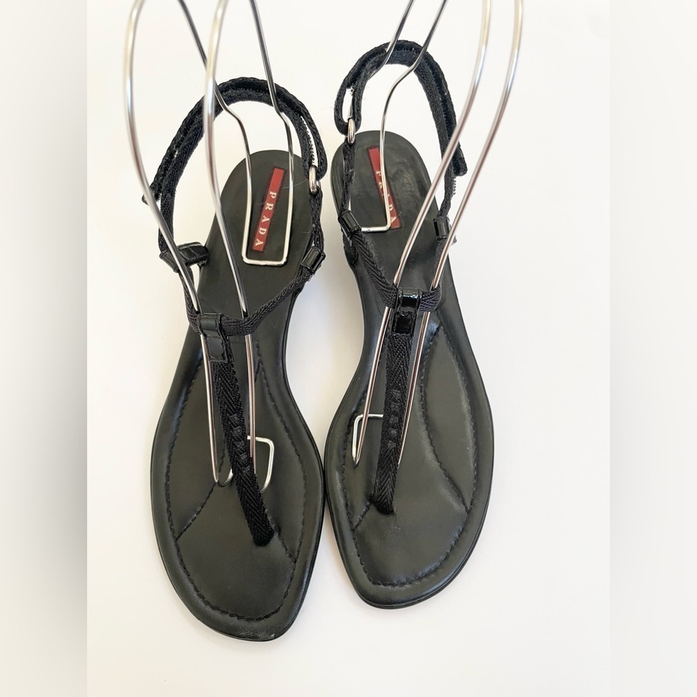 Prada Sport Y2K Black Leather Nylon Logo T-strap Kitten Low Heel Sandals EU 39